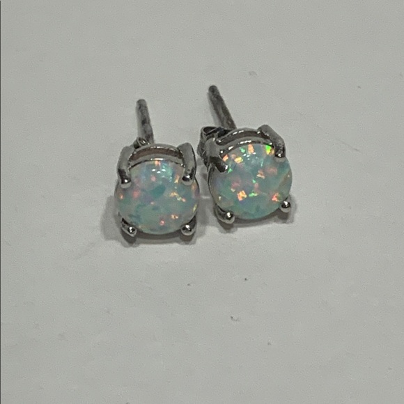 Opal Stud Post Earrings in Silver Iridescent .925 Silver - Picture 4 of 7